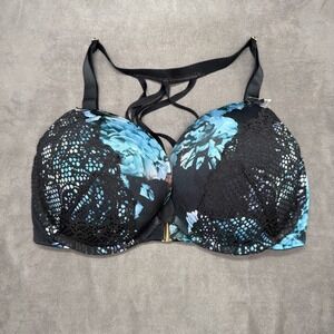 Cacique Boost Balconette Bra Seriously Sexy Black Teal Flowers Size 38DDD